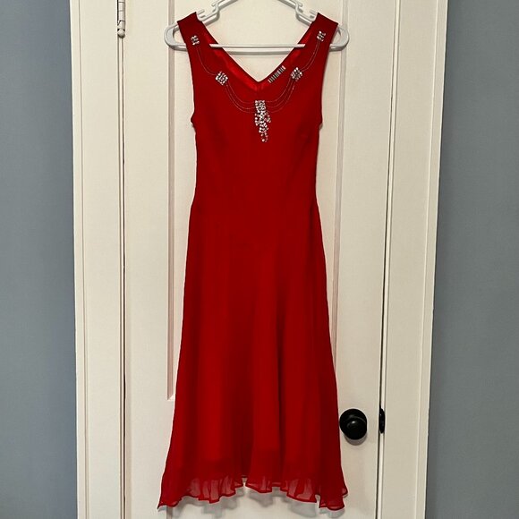 Robbie Bee VTG 100% silk red midi dress embellished beaded drop waist size 6P - Picture 1 of 13